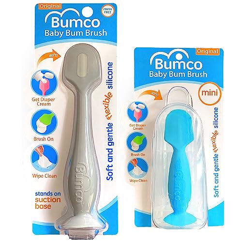 Image of Bumco Baby Bum Brush + Mini Baby Diaper Cream Spatula with Case - BPA-Free Silicone Diaper Spatula with Suction Cup, Wipe-Clean, Mom-Invented Butt Paste Applicator (Gray & Blue)