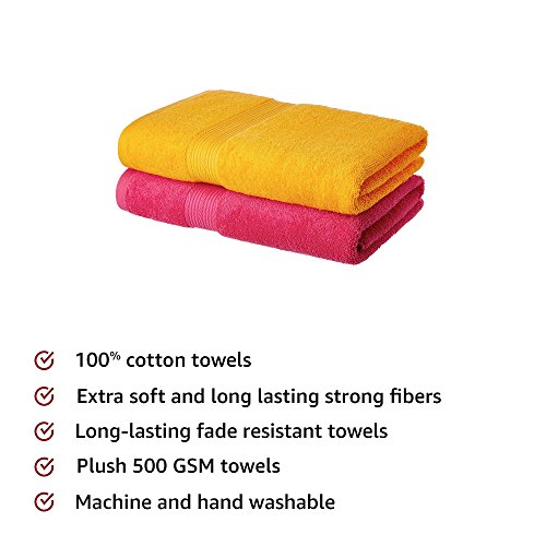 Image of Amazon Brand - Solimo 100% Cotton 2 Piece Bath Towel Set, 500 GSM (Paradise Pink and Sunshine Yellow)
