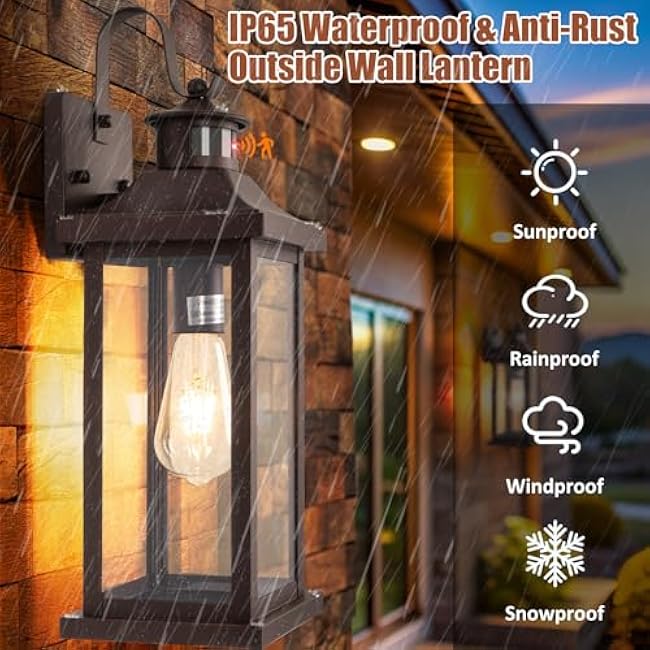 1-Pack 18 Inch Oil Rubbed Bronze Motion Sensor Outdoor Wall Lantern IP65 Waterproof, Large Brown Dusk to Dawn Outdoor Light for House Clear Glass Outside Wall Mounted Lamps Front Door