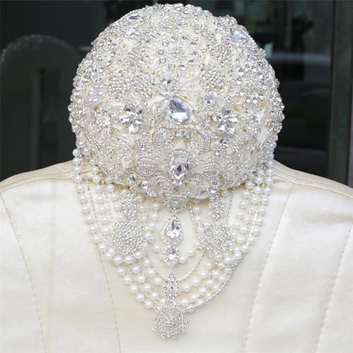 Image of MaxxCloud Luxury Gatsby-Inspired Vintage Wedding Golden Brooch Bouquets Handmade Sliver Bling Glam Wedding Bridal Bouquet (Ivory, 7.1'' /18cm)