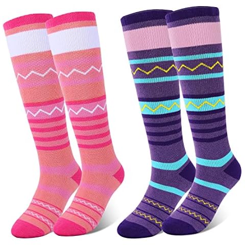 KUYOU Kids Ski Socks, 2 Pairs Long Knee High Winter OTC Design Thermal Warm Socks Snow Socks Skiing Snowboarding Hiking Skating Socks for 6-12 Years Old Youth Boys Girls Cover