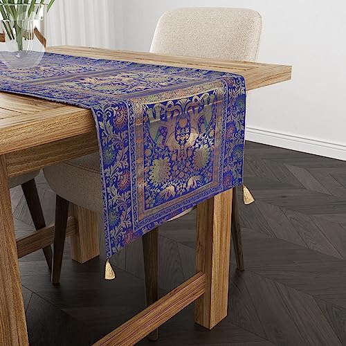 Image of Banarasi Brocade Silk Handmade Table Runner for Dining Table, Centre Table, Coffee Table 70 X 16 in Table Top Table Cloth Room Decor Runner (Royal Blue)