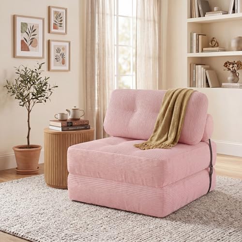 Image of COSTWAY Folding Sofa Bed with Pillow, Convertible Couch (Pink) | with Backrest & Fixing Straps, Boneless Convertible Sleeper Chair for Adults, Guest Use, Living Room