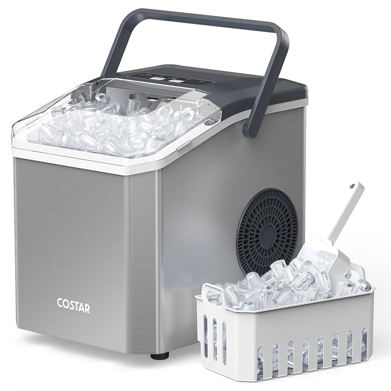 Image of Costar Stainless Steel Ice Maker Machine with Handle, Portable Ice Maker with Auto-Cleaning, 12KG /Day Quiet Compact Machine with Ice Scoop & Basket, Ideal for Home, Office, Kitchen, Parties, Camping