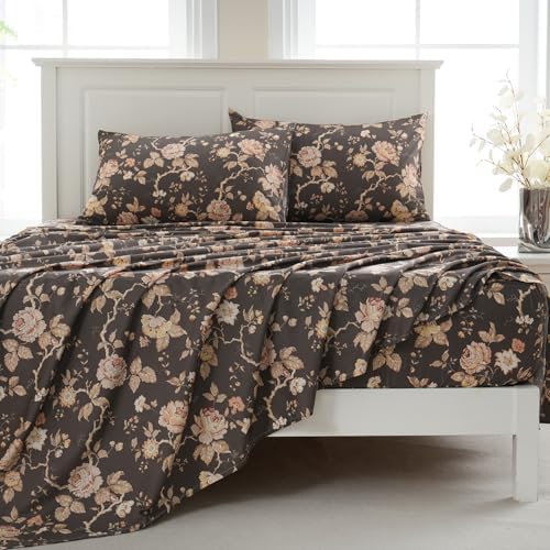 Zusbest Dark Brown Floral Bed Sheets Set - Queen Size Percale Cotton Shabby Rustic Peony Flower Print Bed Sheets - Soft Breathable Mocha Classic Vintage Bedding 4 Pcs Deep Pocket Flower Bed Sheets - Thumbnail 3