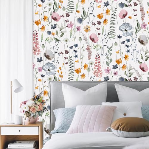 CHDITB Blumen Tapete Selbstklebende,Aquarell Blumen Möbelfolie Klebefolie,Boho Wohnzimmer wandstickers(44x300cm) Weiß Blumentapete… – Ansicht 5