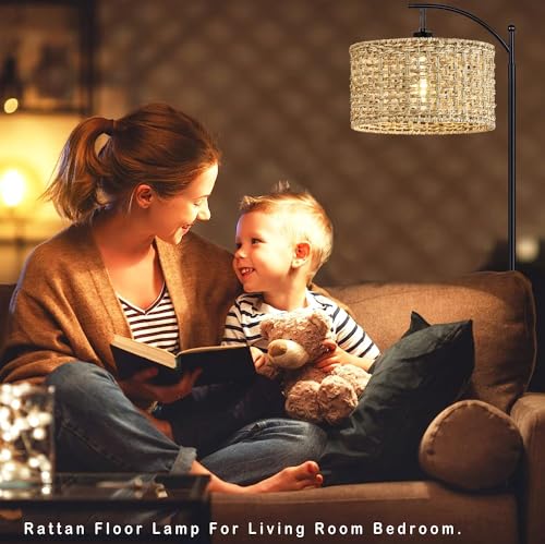 Image of Arc Floor Lamp for Living Room with Remote Control,Farmhouse Boho Floor Lamps with 3 Color Temperature,Rustic Standing Lamp with Rattan Wicker Shades,Adjustable Tall Lamp for Bedroom,Office,Reading