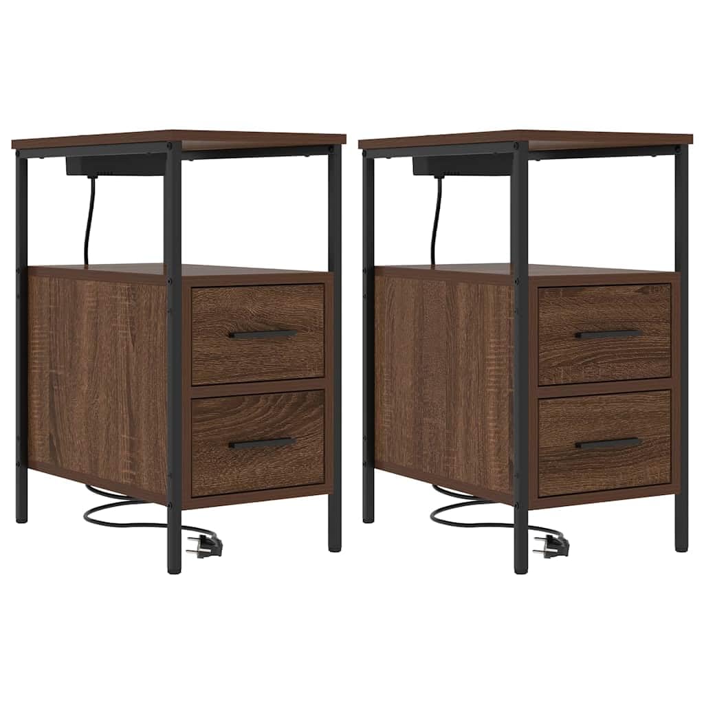Table de chevet avec station de charge et 4 tiroirs en bois brun
