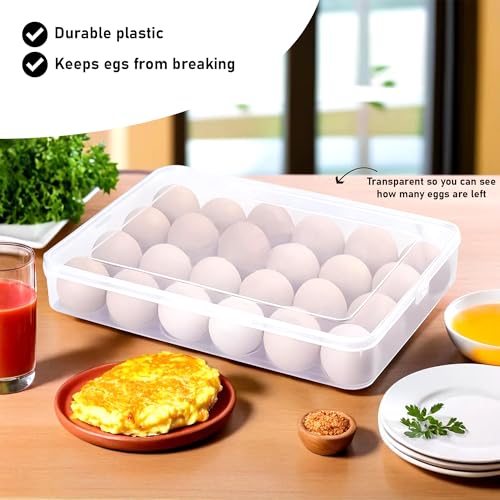 Image of Kuber Industries Plastic Egg Tray for Fridge | 24 Grid Egg Storage Box for Fridge Kitchen & Pantry | Stackable Eggs Dispenser Holder with Lid - White