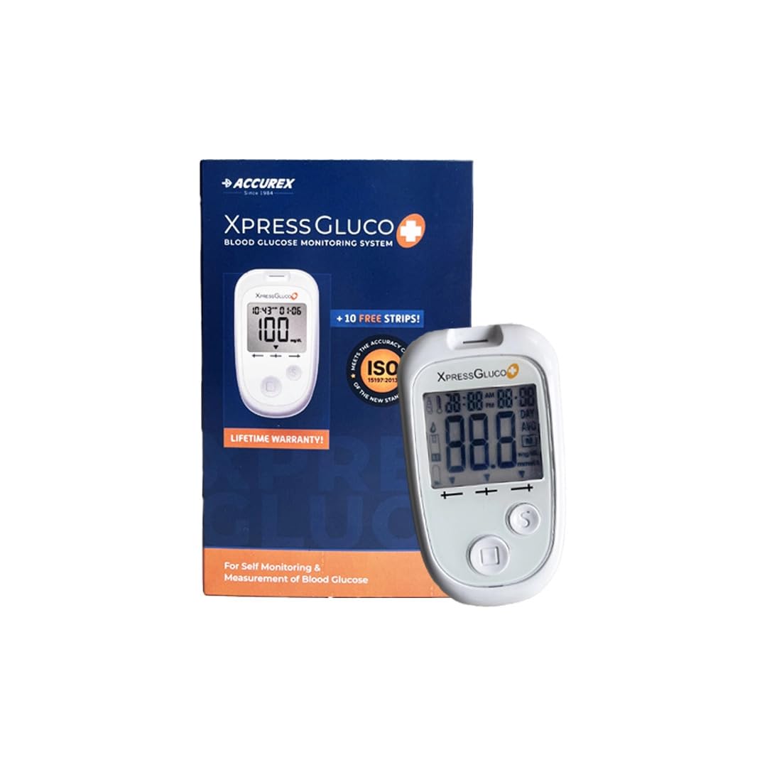 Accurex XpressGluco+ Blood Glucose Monitoring System | 10 Test Strips Included, ISO 15197:2013 Certified, mg/dL & mmol/L Display, Lancing Device & Lancets, Unlimited Warranty-image-0