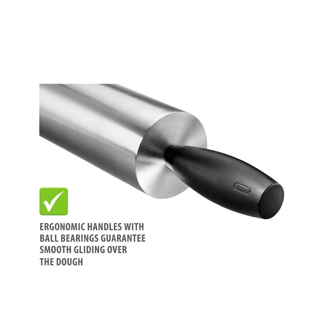 GEFU ROTOLO Rodillo de amasar | Acero inoxidable y rodamientos de bolas | Para galletas, pizza, fondant y pasteles | Ergonómico e higiénico