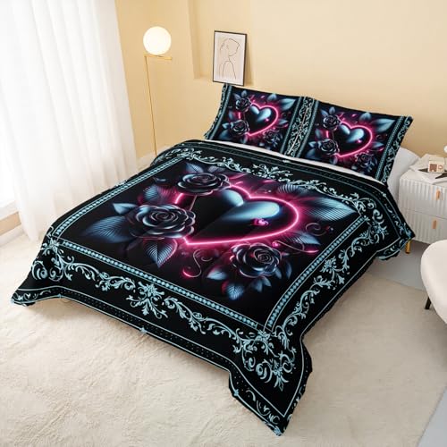 Image of QOOMO Cartoon Heart Kids Comforter Set,Rose Print Bedding Set Twin Size for Boys Girls Room Decoration,Black Bed Set Microfiber Lightweight All Season,1 Comforter Set 2 Pillowcases