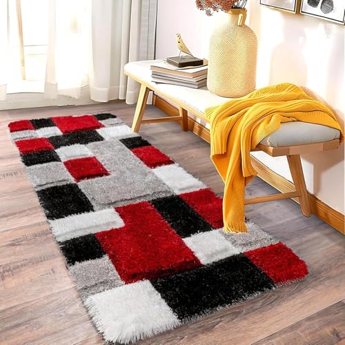 Image of Carpet for Hallway, Kitchen, and Modern Interiors, Cozy Shag Runner for Living Room, Entryway & Office Decor Size 2x6 feet Red B 3D