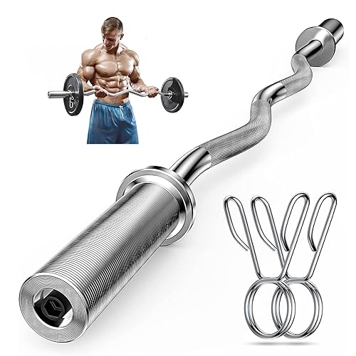 Olympic Barbell Curl Bar, 47” Strength Training EZ Bar, 370 lbs Weight Capacity for 2” Weight Plates for Biceps Curl, Squat, Weightlifting with 2 Spring Collars