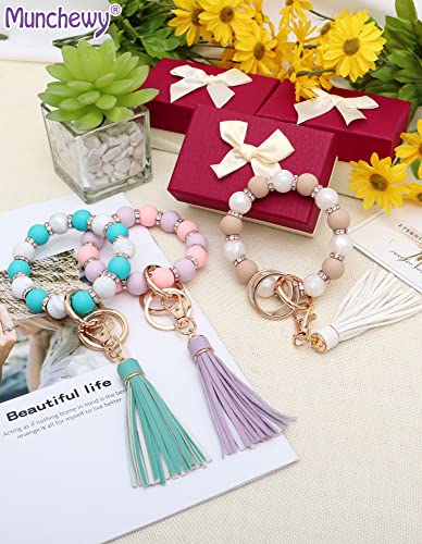 Silicone Key Ring Bracelet for Women, Elastic Beaded Wristlet Keychain Key Holder with Zircon & Tassel for Mother's Day Gift4