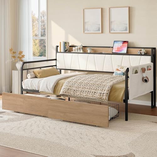 Image of LIKIMIO Daybed with Storage Drawers, Twin Day Bed Frame with Boucle Upholstered Headboard and Charging Station, Sofa Day Bed with Strong Supports for Living Room, Bedroom and Guest Room, Cream