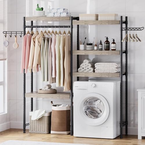 GarveeHome 5-Tier Wood Over-the-Washer Dryer Storage Shelf 30" A+B - Adjustable Height Laundry Organizer with Double-Layer Wood Shelves, Space-Saving Design for Bathroom, Laundry Room, or Balcony, Gre
