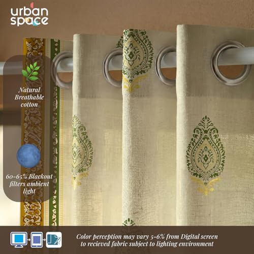 Image of Urban Space 100% Cotton Curtains with Gold Foil Print | Upto 60% Light Blocking Long Door Curtain 8 feet I Set of 2 Decorative Curtains with Eyelets, Tieback (Zari Buta Sage Green Gold - 8 feet)