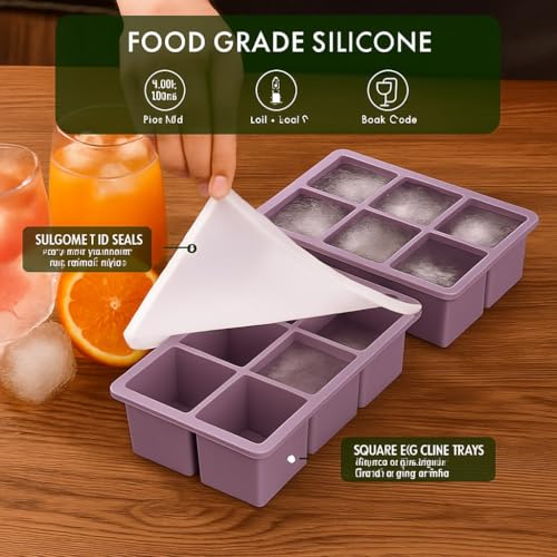 Image of 2PECK Silicone Ice Cube Tray with Lid, Large 6-Cavity Square Ice Cube Moulds for Freezer, Easy Release & Stackable Ice Trays for Whiskey, Cocktails, Coffee & Home Bar. (Light PURPEL)