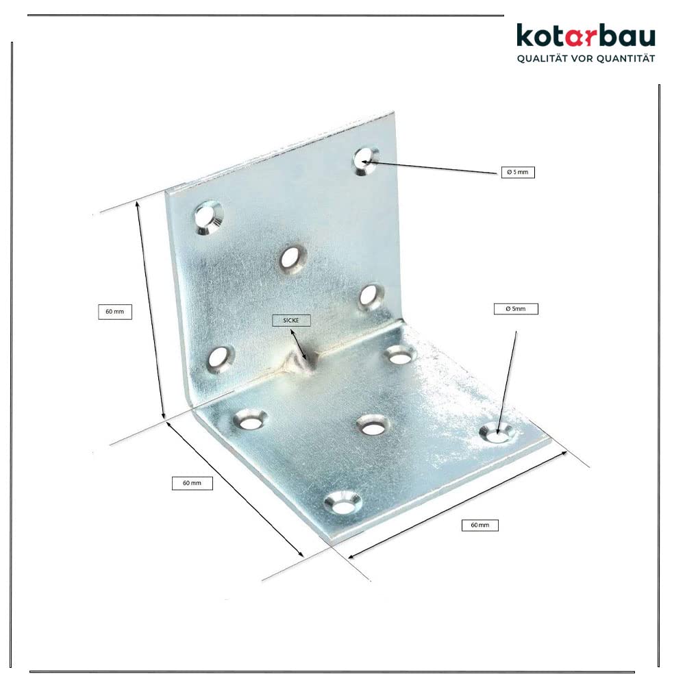KOTARBAU Winkelverbinder 60 x 60 x 60 mm Sicke Stahl Bauwinkel Montagelöcher Möbelwinkel Verzinkt Schwerlast Holzverbinder Montagewinkel Stuhlwinkel (100)