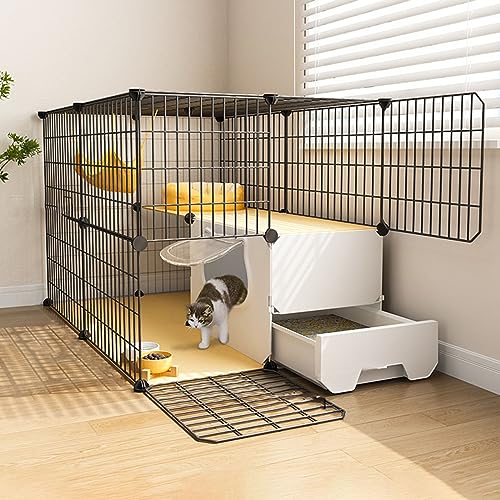 猫ケージ 屋内用 大型 トイレボックス付き ペット用プレイペン 小動物用ケージ 透明で子犬、子猫、ウサギ、カメのペットの動きを観察しやすい(75-75-73cm)