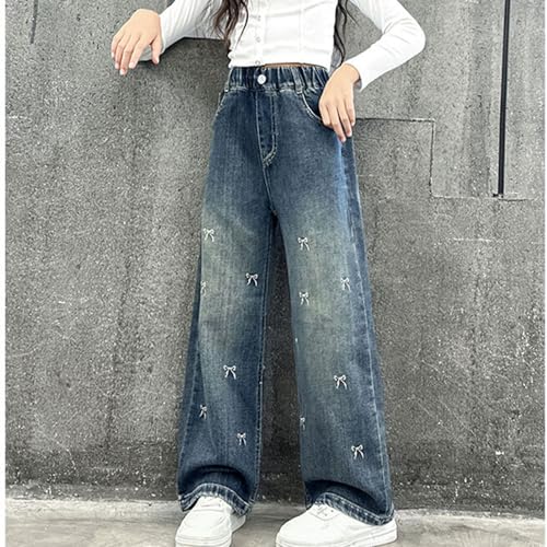 Tween Girls Bow Jeans Wide Leg Baggy Denim Pants High Waisted Trousers Kids Trendy Casual Y2k Streetwear with Pockets3