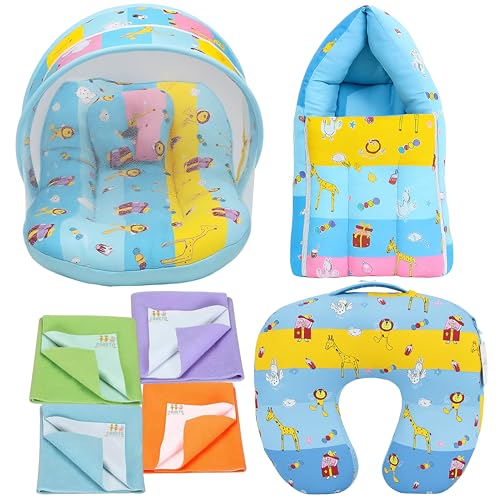 Image of Fareto Infantbond Baby Bedding Set Essentials Combo | Baby Bed | Carry Bag | Sleeping Bag | Dry Sheets | Feeding Pillow (0-6 Months)(All in 1) ((Blue GIFF)