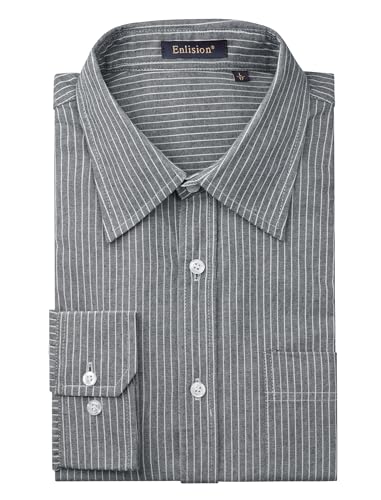 Image of Enlision Mens Oxford Striped Shirts Long Sleeve Casual Grey and White Stripe Shirts for Men with Cotton Blend Loose Fit XXL