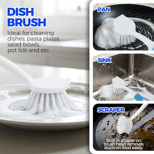 Image of Holikme 6 Pack Dish Brush Set with Bottle Brush, Dish Scrub Brush, Pan Brush and 3 Straw Brushes, Deep Cleaning Handle Brush with Scraper Tip for Kitchen Sink Dishes Bottle Cup Pot and Pans (Azul)
