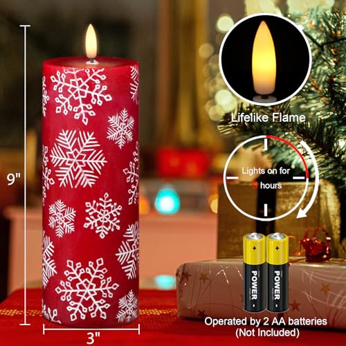 Image of Wondise Christmas Flameless Candles with 6hrs Timer, Snowflakes Battery Operated Flameless Flickering Red Candles with 3D Wick Real Wax LED Candles for Christmas Holiday Indoor Decoration(2.6 inchx7.8 inch)