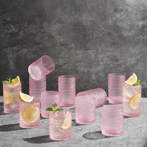 Image of Khen Hobnail Beaded Highball Drinking Tumbler Glasses | Set of 12 | Pink Blush Color, Vintage Bubble Design Whiskey Glassware, Old-Fashioned, Embossed Design for Water, Wine, Cocktail, Rocks Glass