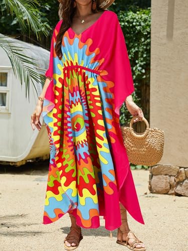 Image of Moss Rose Kaftan Dresses for Women V Neck Summer Swimsuit Cover up Caftan Maxi Beach Dresses