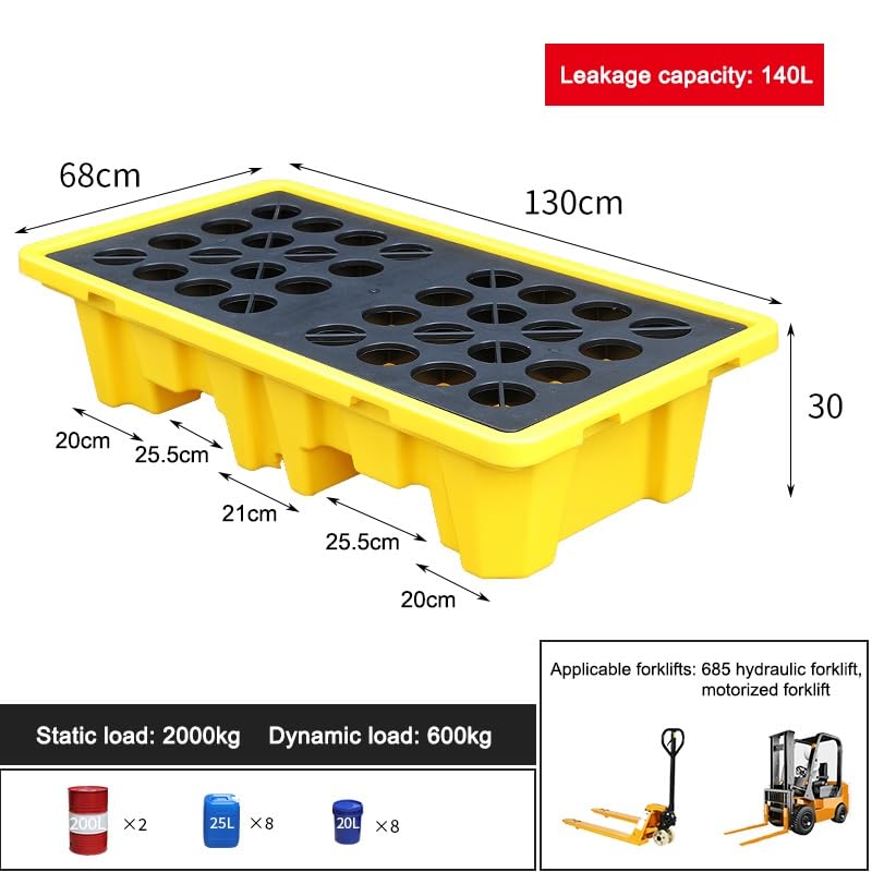 Générique Bac de rétention empilable pour fûts d'huile et seaux de Peinture - Bac de rétention modulaire avec Drain, Solution de Stockage Industriel pour Garage, Jaune (2 pièces, 130 x 68 x 30 cm)