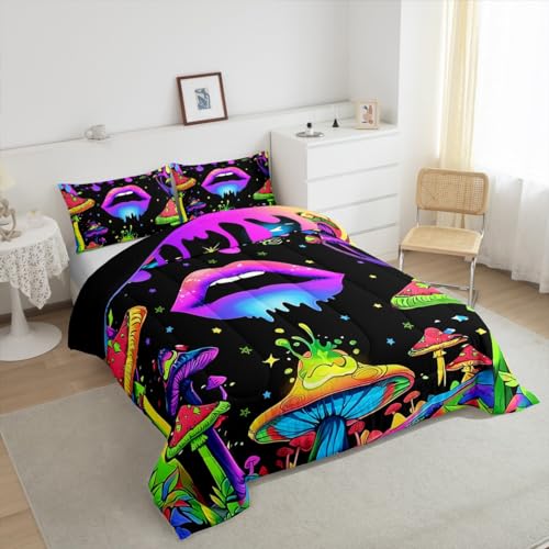 Image of Feelyou Rainbow Mushroom Comforter Set King, Mushroom Sexy Lips Bedding Set for Kids Aesthetic Funny Purple Moon Galaxy Comforter Boys Girls Hippie Star Cool Art Duvet Set with 2 Pillow Case