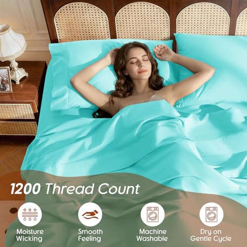 Image of 100% Egyptian Cotton Sheet Set 4 Pcs , 1200 TC, 16 inch Deep Pocket Sheet Queen | Long Staple Cotton Sheet, Soft and Breathable, 1 Fitted Sheet, 1 Flat Sheet, 2 Pillowcase Cozy for All Season, Lake Green
