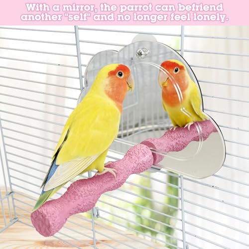 Image of PINVNBY 2 PCS Bird Perch with Mirror Resin Parakeet Perches Hanging Parrot Toys Interactive Bird Cage Accessories for Cockatiel Conure Lovebird Finch (Pink)