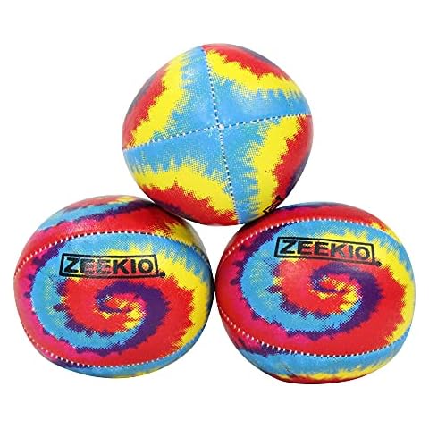 Zeekio - Tie Dye Festival Juggling Ball - Professional Grade - Suitable for All Levels & Ages - Synthetic Leather Ball Durable - 120 Grams - Pack of 3 - Red/Blue/Yellow Swirl Cover