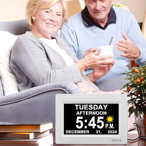 Image of SSYA Digital Calendar Alarm Day Clock - 12 Alarm Options, Level 5 Auto Dimmable, Dementia Clocks for Vision Impaired, Elderly, Memory Loss Clock with Non-Abbreviated Clock with Date and Day (7 inch)