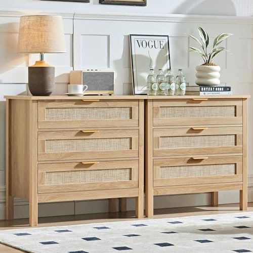 LEYAOYAO 31.5' Wide Rattan Night Stand Set 2, Large Boho 3 Drawer...
