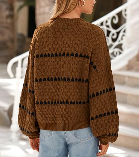 Okiwam Womens Long Sleeve Sweaters Crew Neck Striped Color Block Pullover 2024 Fall Fashion Oversized Soft Cable Knit Jumper3