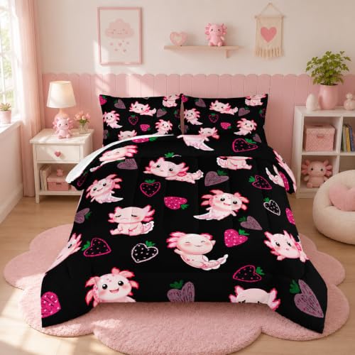 UEVBF Cute Axolotl Bedding Set Twin Size Pink Axolotl Strawberry Printed Comforter Sets Aesthetic Bedding for Kids Girls Beach Coastal Animal Themed Comforter Sets with 2 Pillowcases.