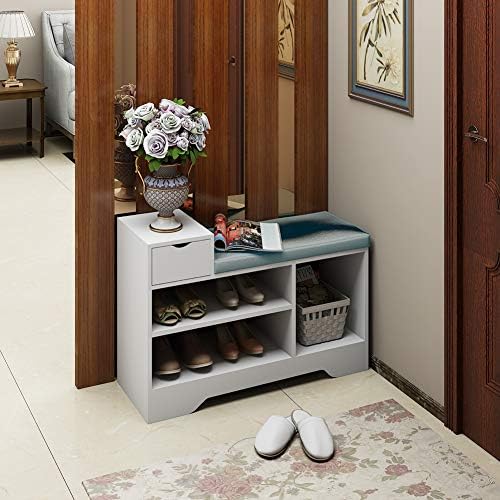 loye White Shoe Storage Bench with Cushion, Wooden Shoe Storage Cabinet with Drawers Seat, Shoe Rack Bench Hallway Furniture (White 1 drawer)