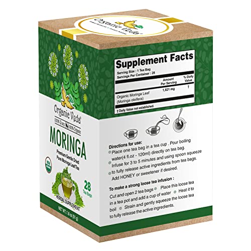 Organic Veda Moringa Tea Bags - 100% Pure, Non-GMO, Caffeine Free USDA Organic Original Moringa Oleifera Leaf Tea for Fresh, Energetic, and Relaxing Feel â€“ Ideal for Weight Management - 28 Herbal Tea Bags