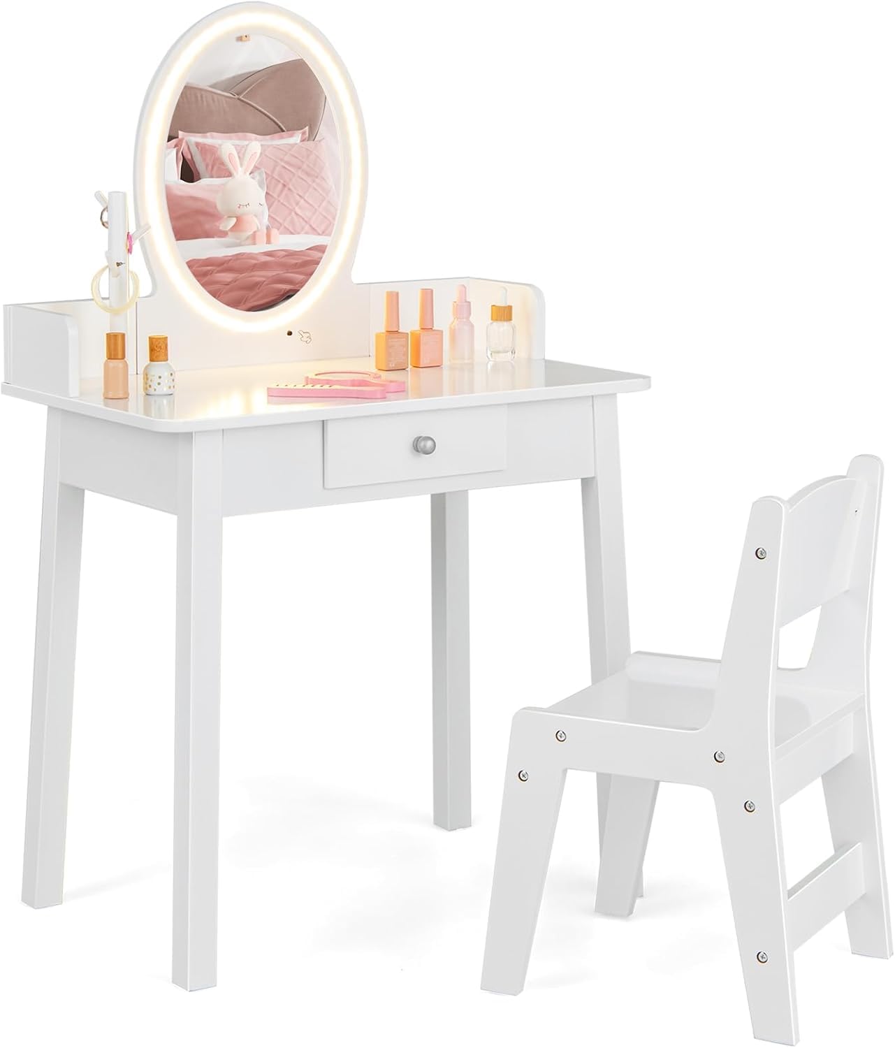 RELAX4LIFE 2 en 1 Tocador de Maquillaje Niña con Espejo Extraíble, Luces LED de 2 Colores y Taburete, Tocador/Escritorio Niña de Madera con Cajón, Dispositivo Antivuelco para Niños 3-8 Años (Blanco)
