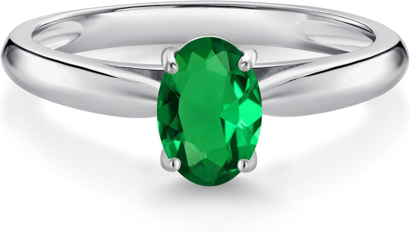 Gem Stone King 10K White Gold Green Nano Emerald Solitaire Engagement Ring For Women (0.60 Cttw, Oval 7X5MM, Gemstone May Birthstone)