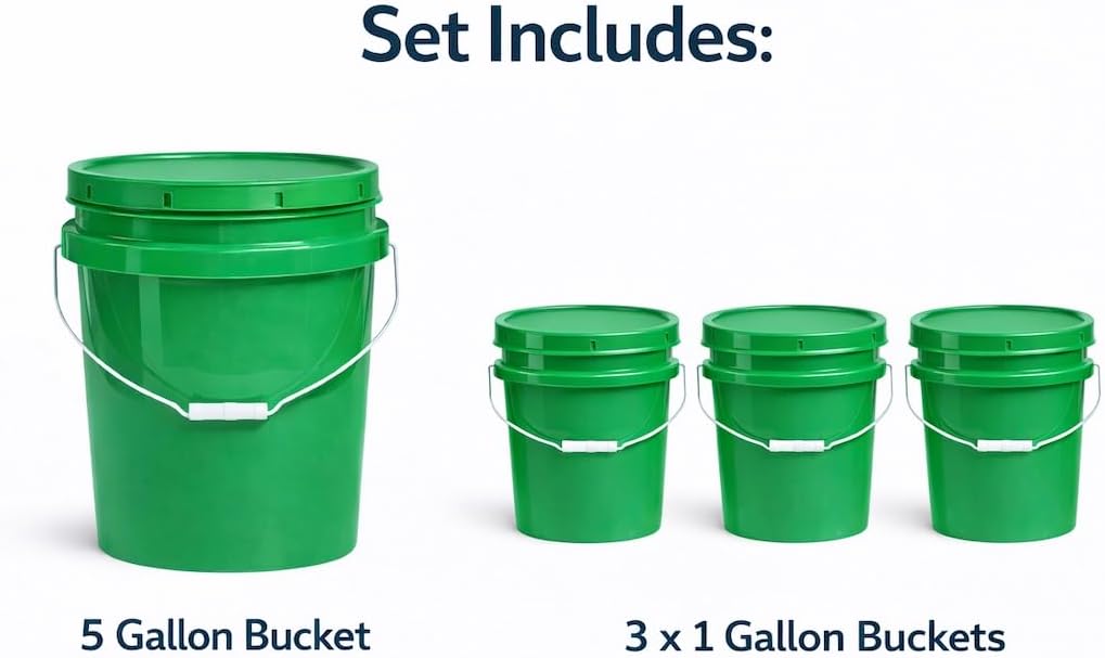 House Naturals Green Food Grade Buckets pails, 5 Gallon and 1 Gallon with Lids, BPA Free (Pack of 4) Made in USA