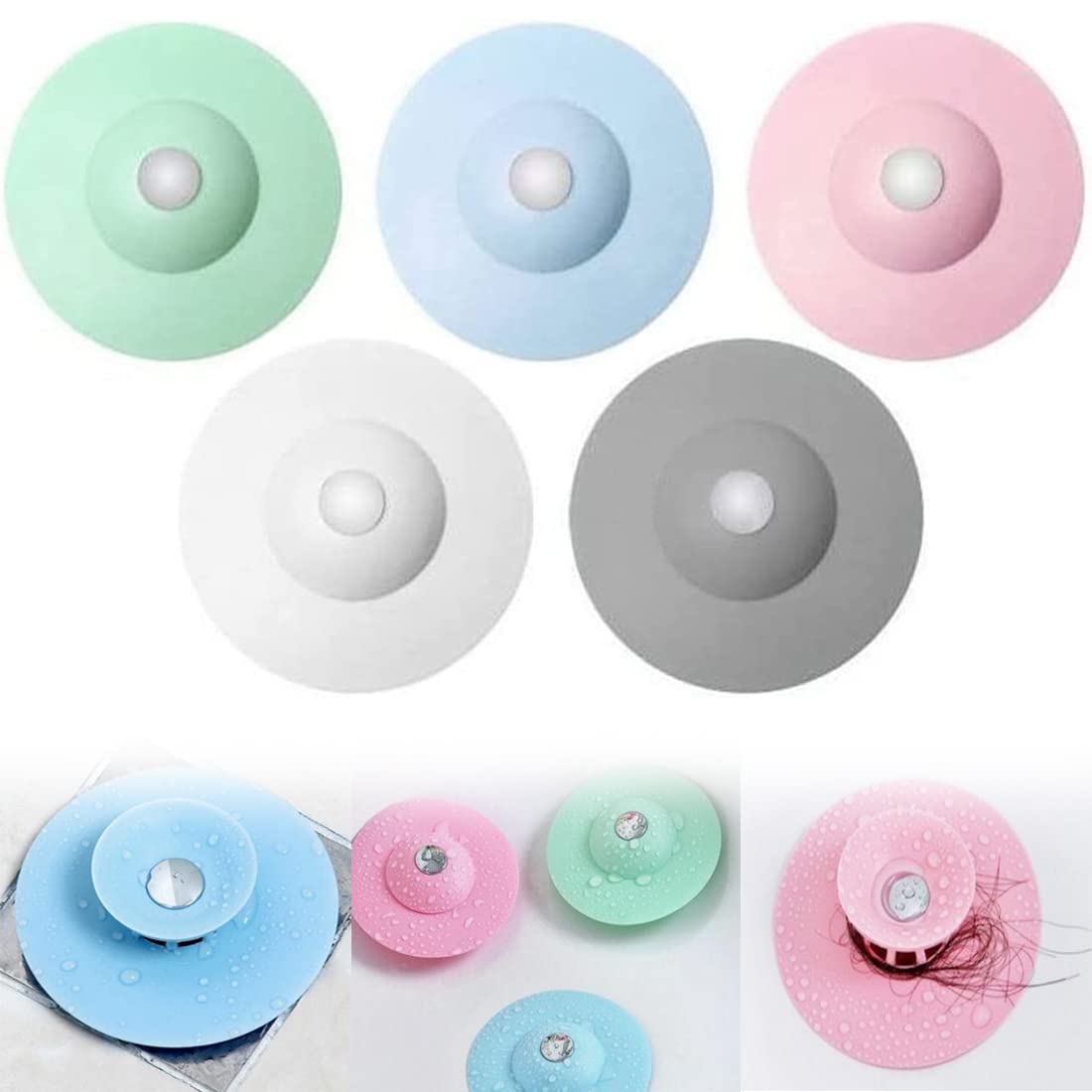 Shower Hair Catchers, 5 PCS Kitchen Press-Type Closed Bounce Drain Plug Shower Hair Catcher Drain Protectors for Bathroom, Kitchen, Toilet