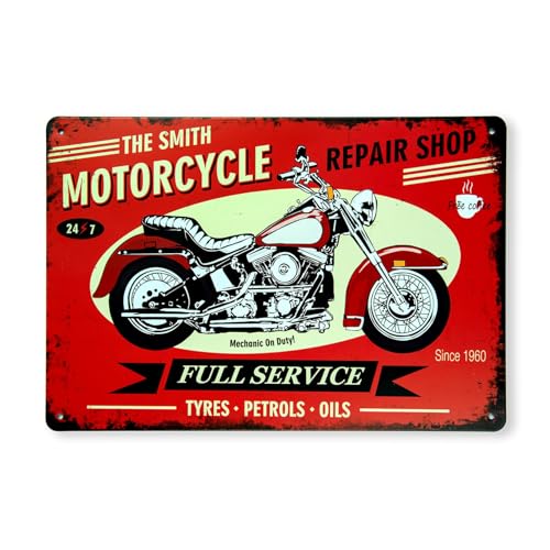 Image of Decorative Retro Metal Signs Wall Plate - 12x8 Inch (Smith Motorcycle Repair) | Weatherproof Vintage Metal Sign Plate for Cafe, Home, Bar, Garage | Decorative Wall Hanging Sign Board