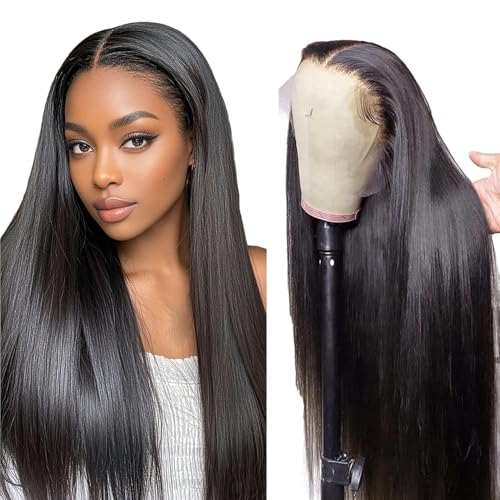 Zeslaerr Human Hair Wig 13x1 Glueless Wear and Go Lace Frontal Straight Unprocessed Brazilian Virgin Pre Plucked Baby Hair 1b Natural Black Minimal Tangle For...
