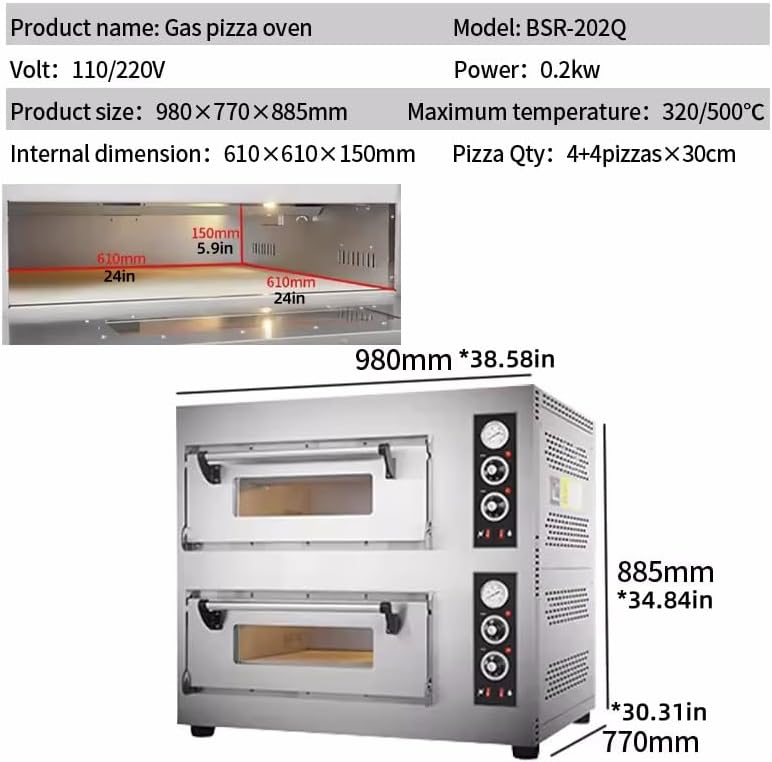 Commercial Gas Pizza Oven, Double Deck, 8 × 12" Pizza Capacity, 320–932°F, Stainless Steel, Adjustable Thermostat, for Restaurant, Bakery, Pizzeria – Model BSR-202Q